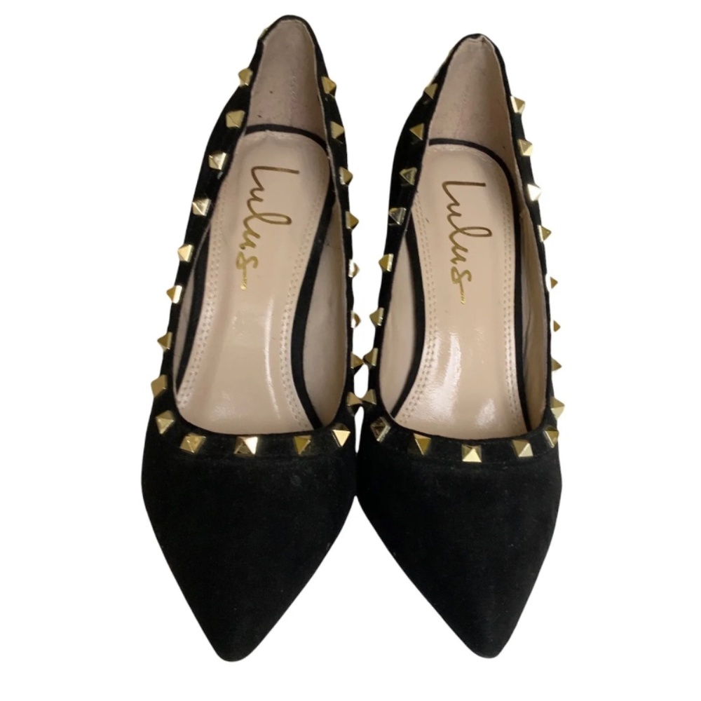 Lulu’s Vydia Black Vegan Faux Suede Gold Stud Pointed Toe Stiletto Heels 6 EUC